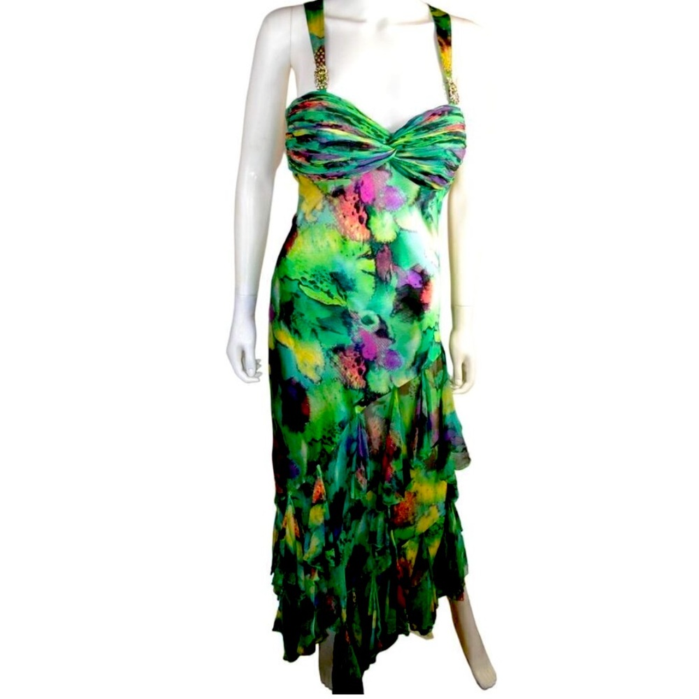 Diane Fres Vintage Floral Maxi Dress W/Ruffles/Crisscross Back-